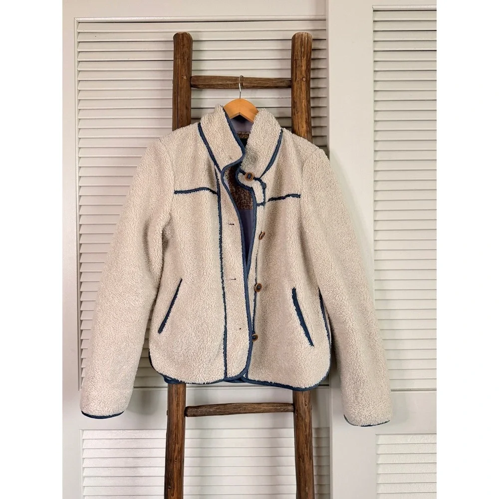 Anthropologie Sherpa Fleece Jacket‎ Small Cream Navy Blue Piping Mock Neck